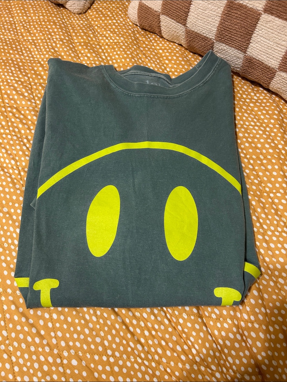 Dressed in LALA Women's Dark Green Tee with Neon Yellow Smiley Graphic